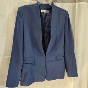 Tahari Sz 6 Blue Collarless Open Front Blazer Jacket Professional Quiet Luxury
